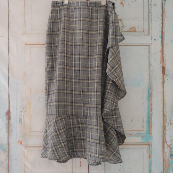nwt SANS SOUCI cottage maxi plaid side ruffle skirt w zipper/size m/grey yellow - Picture 2 of 9